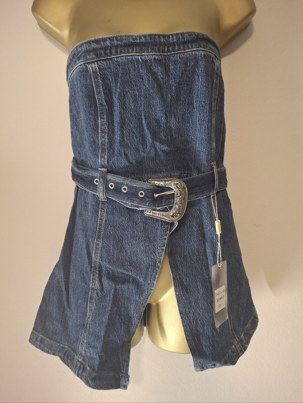 Strapless Denim Mini Dress with Western Buckle